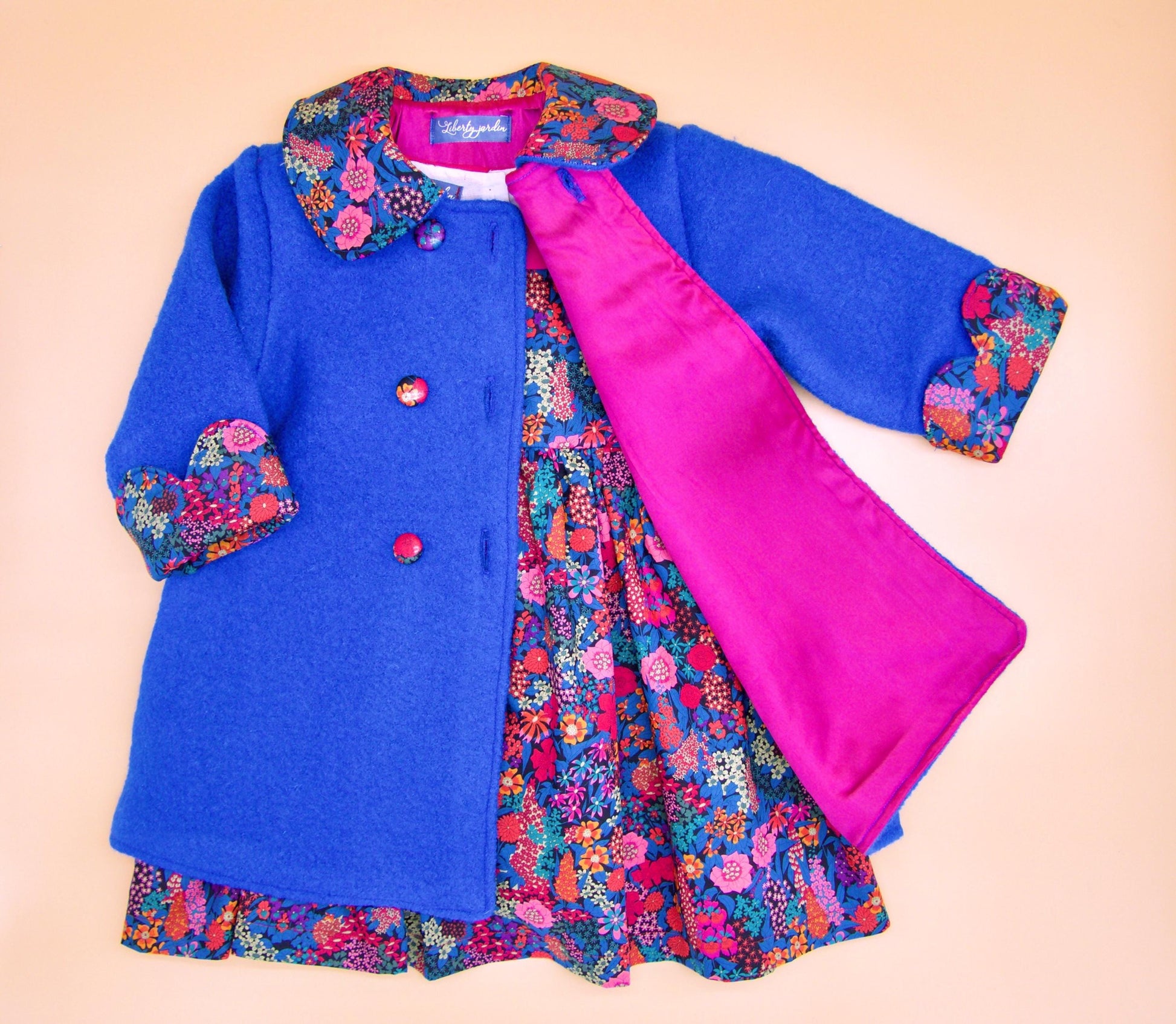 SET Liberty London Wool Coat Dress Set Peter Pan Collar Long Sleeves Floral Print