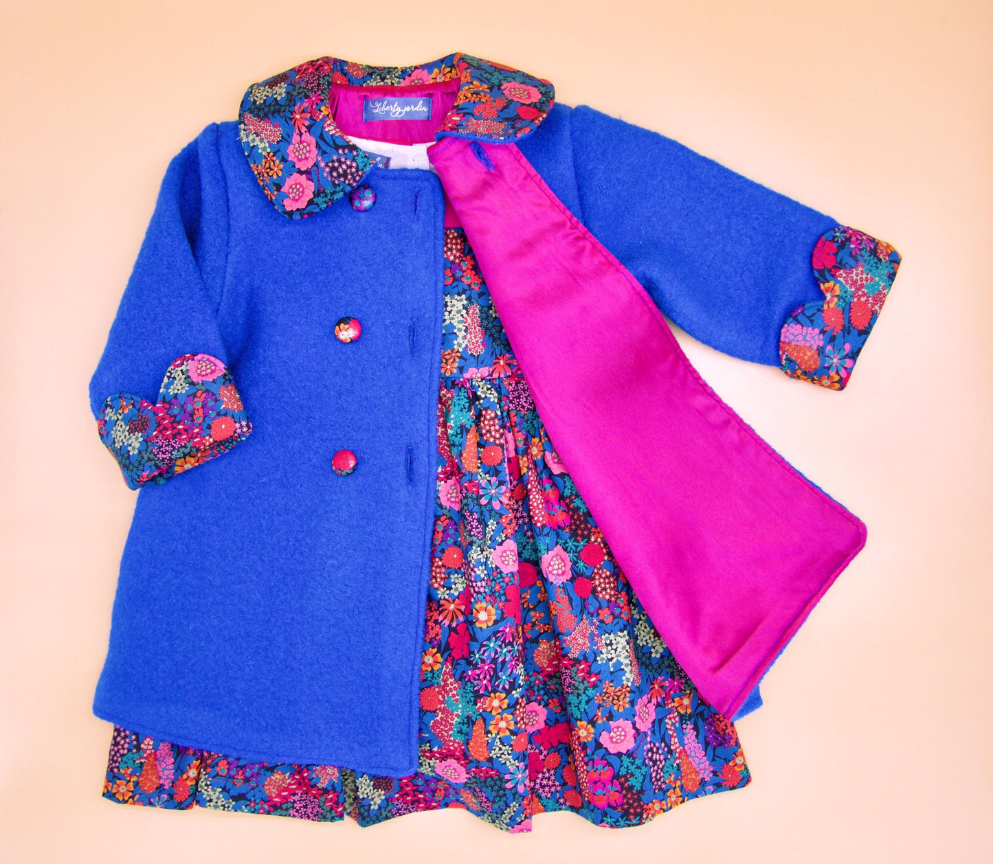 SET Liberty London Wool Coat Dress Set Peter Pan Collar Long Sleeves Floral Print