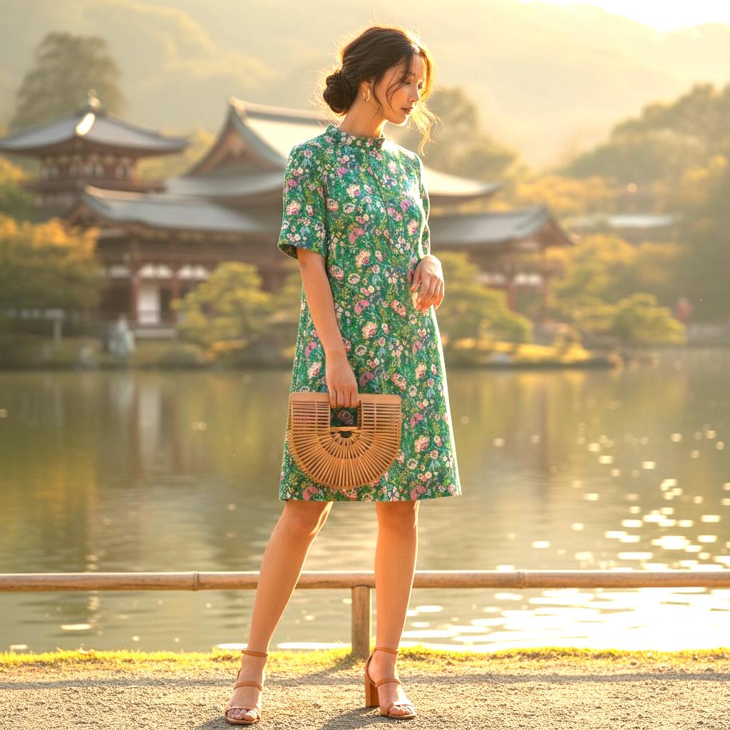 May include: A woman wearing a green floral print dress with short sleeves and a high neckline. She is holding a woven handbag and wearing heeled sandals. The background features a lake and traditional Japanese architecture.
