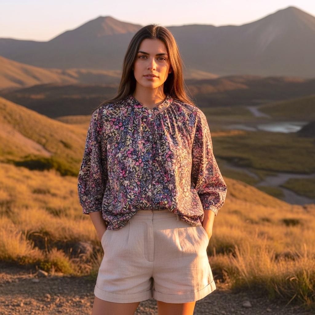 Mandarin Collar Liberty Blouse Floral Print 3/4 Sleeves