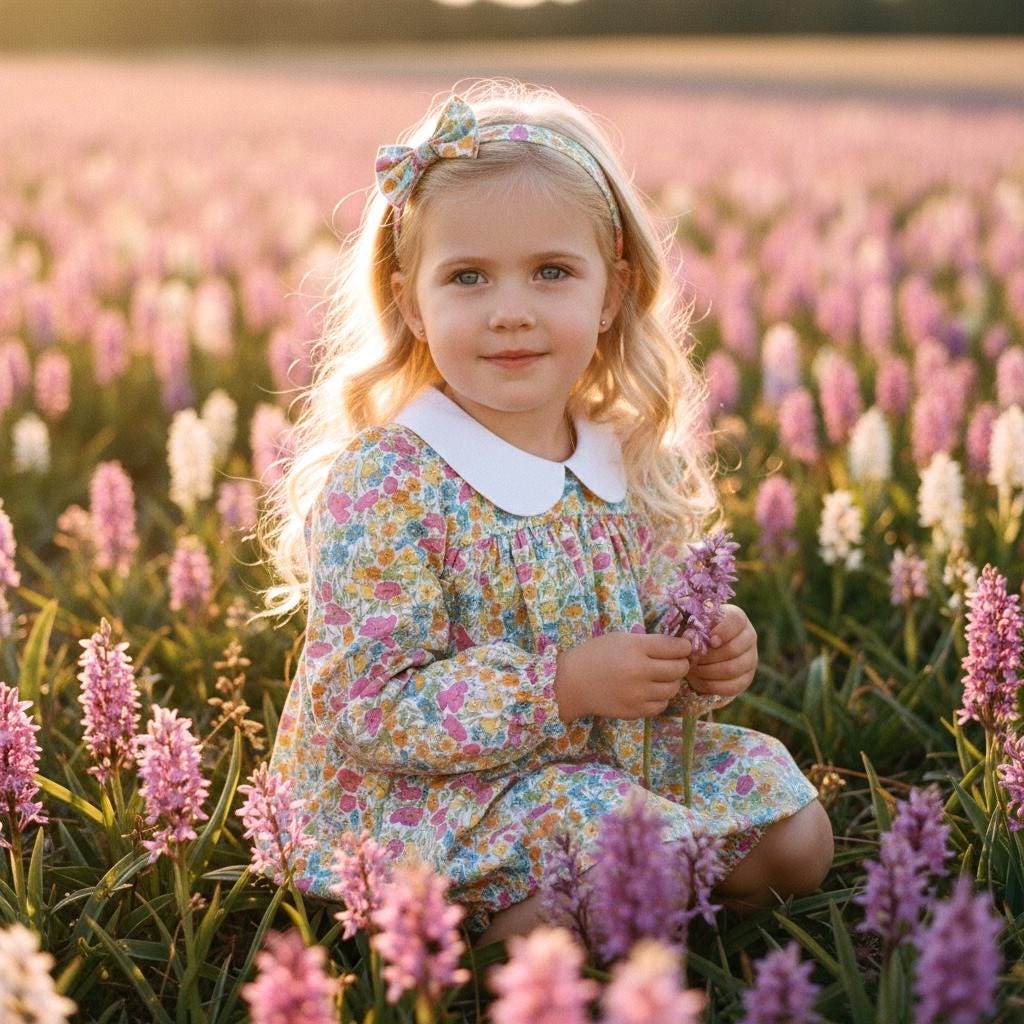May include: A young child wearing a floral print dress with a white collar and matching headband, holding a sprig of purple flowers. The child is sitting in a field of pink and purple flowers, with a soft, natural light.