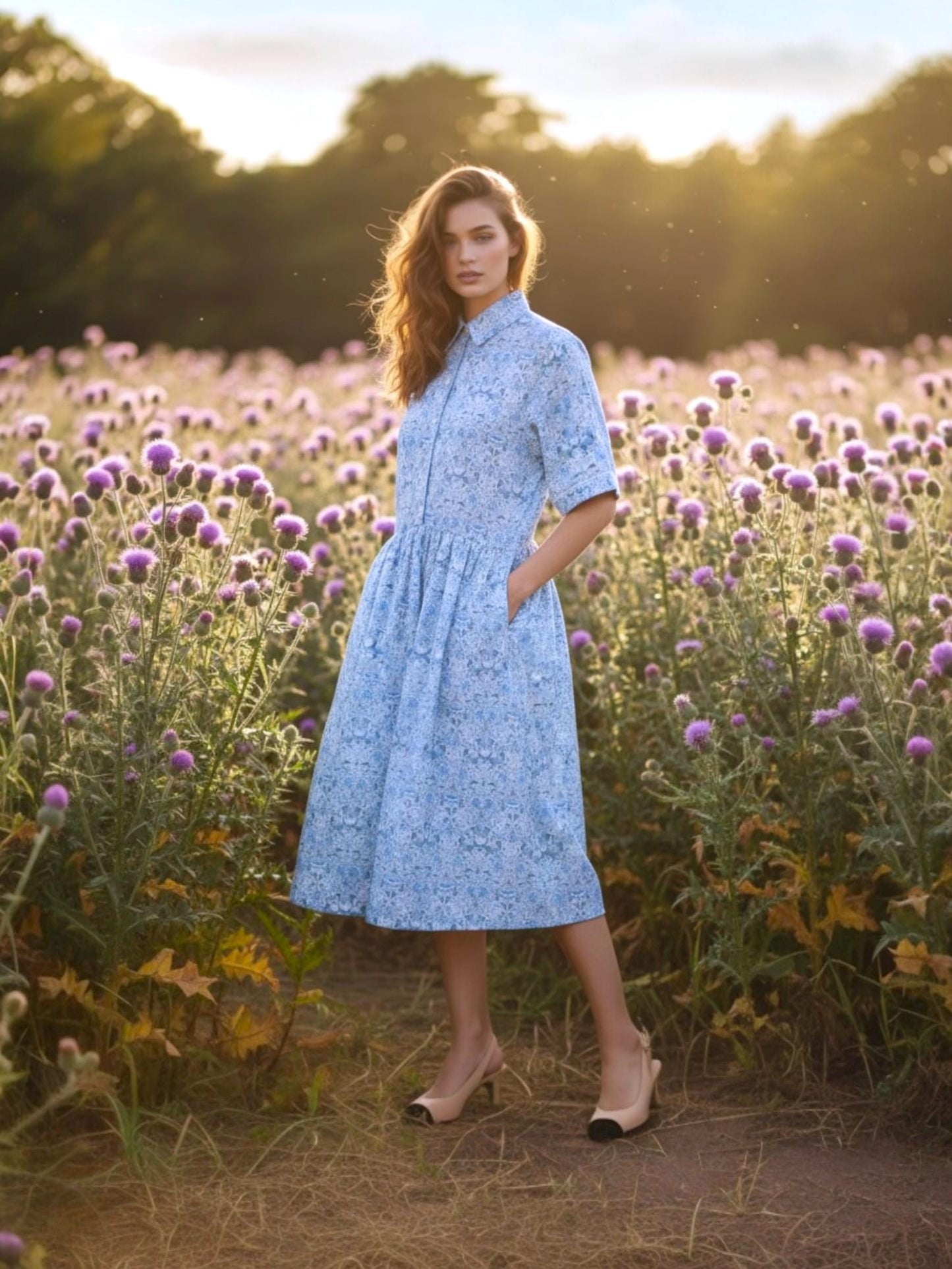 Liberty London Midi Shirt Dress, Kimono Half Sleeves Gown, Handmade Botanical Floral Print Dress