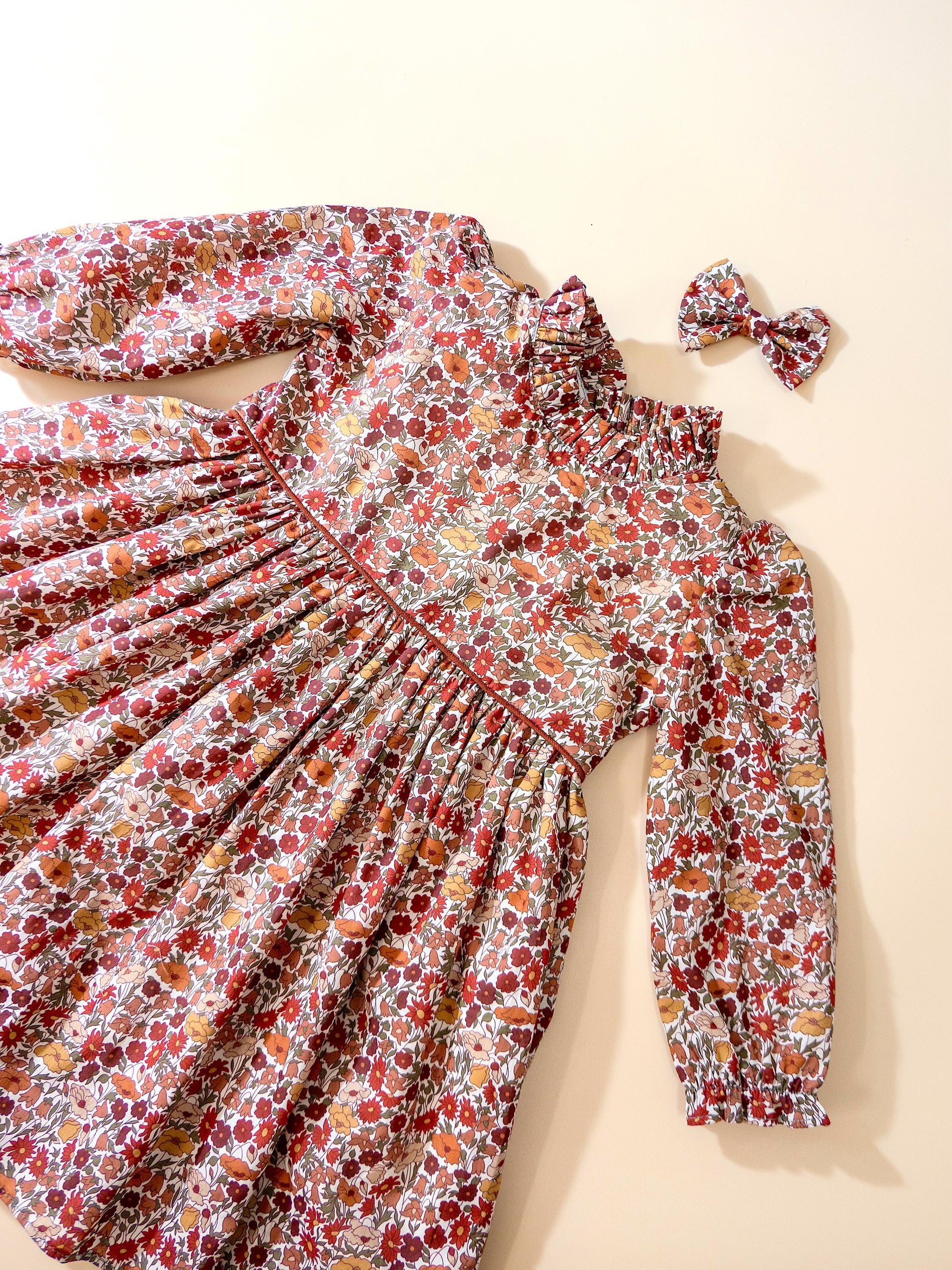 Liberty London Girl Dress, Rust Floral Cotton Tana Lawn, Ruffle Collar, Handmade