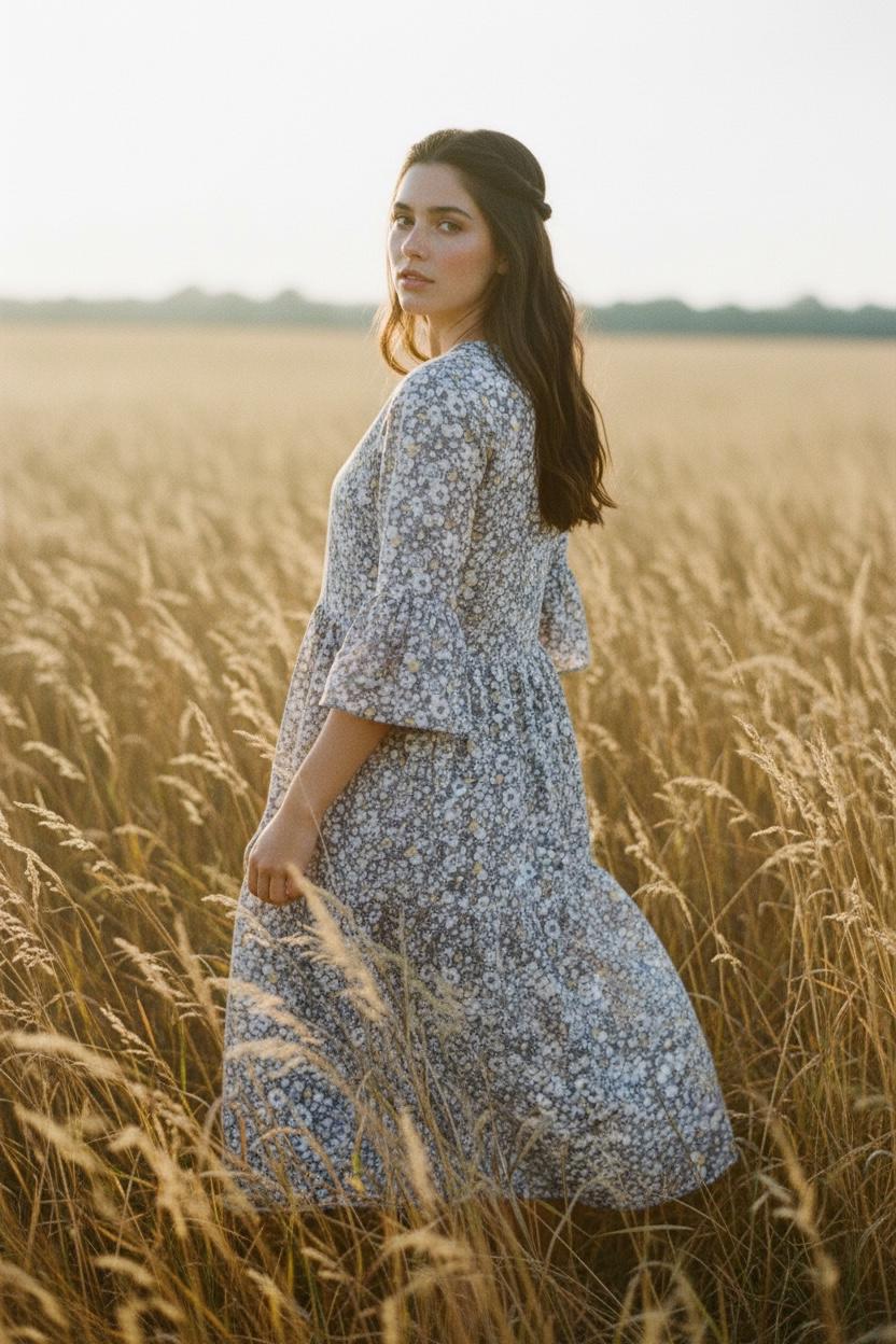 Liberty London Floral Midi Dress, Tiered Bell Sleeve Cotton Lawn