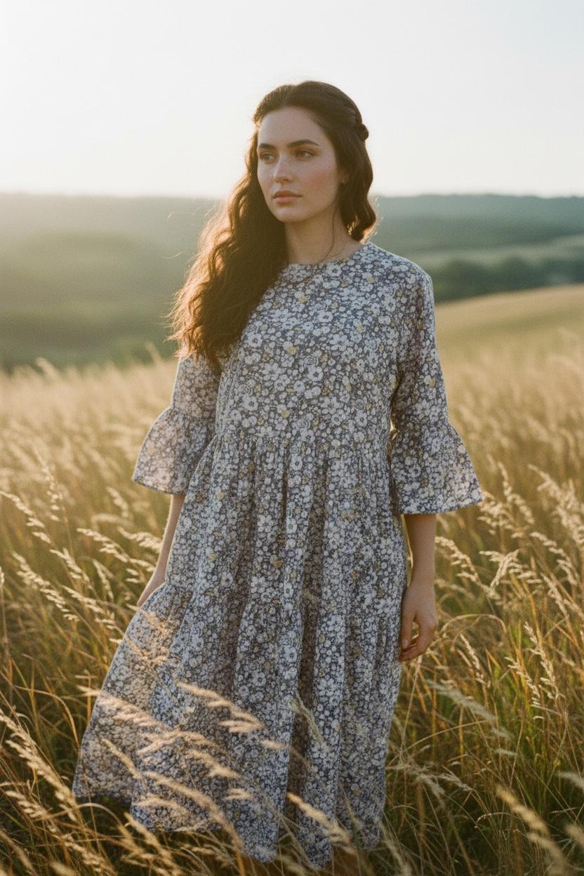 Liberty London Floral Midi Dress, Tiered Bell Sleeve Cotton Lawn