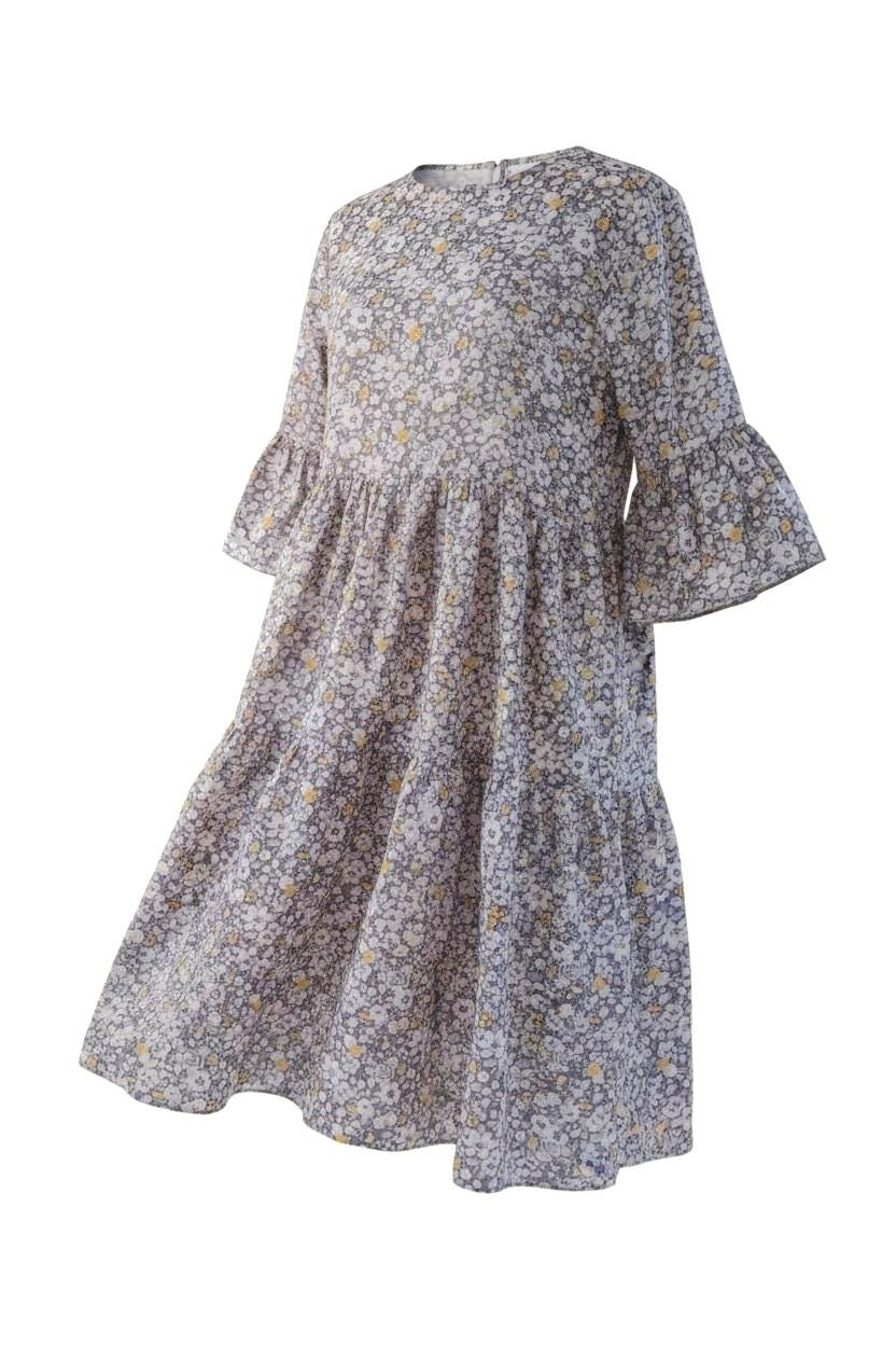Liberty London Floral Midi Dress, Tiered Bell Sleeve Cotton Lawn