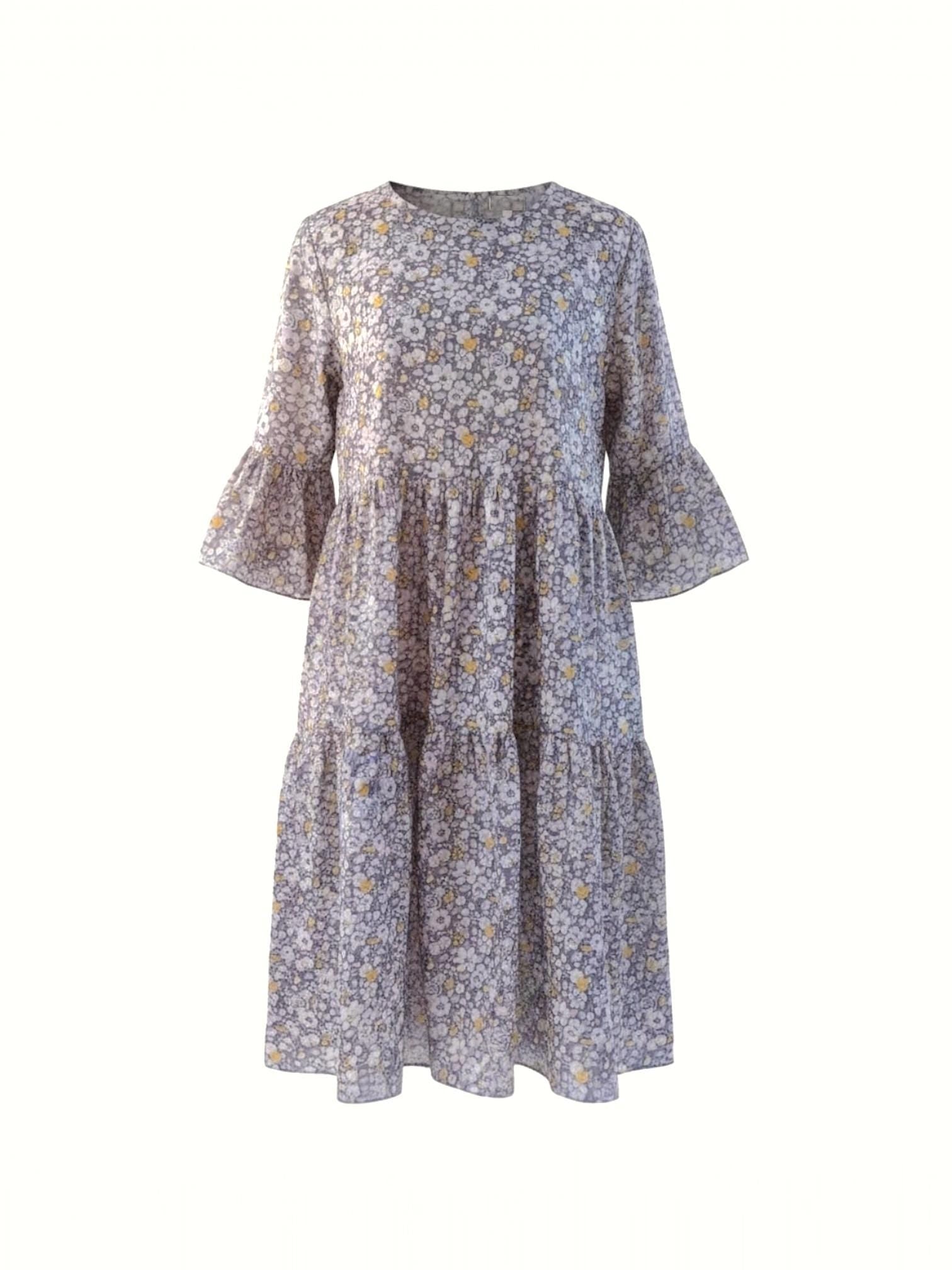 Liberty London Floral Midi Dress, Tiered Bell Sleeve Cotton Lawn