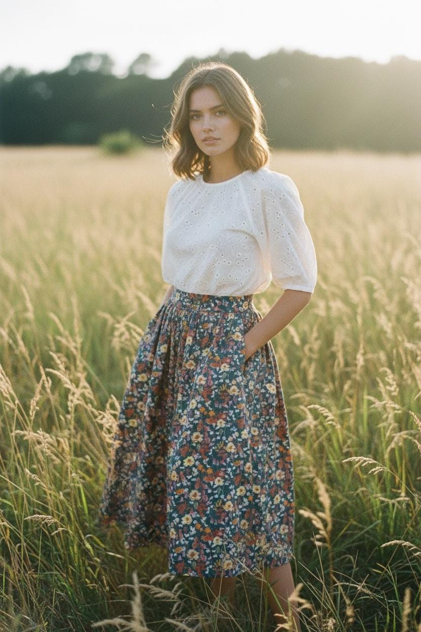 Liberty London Floral Midi Skirt, Elastic Waist Cotton A-Line