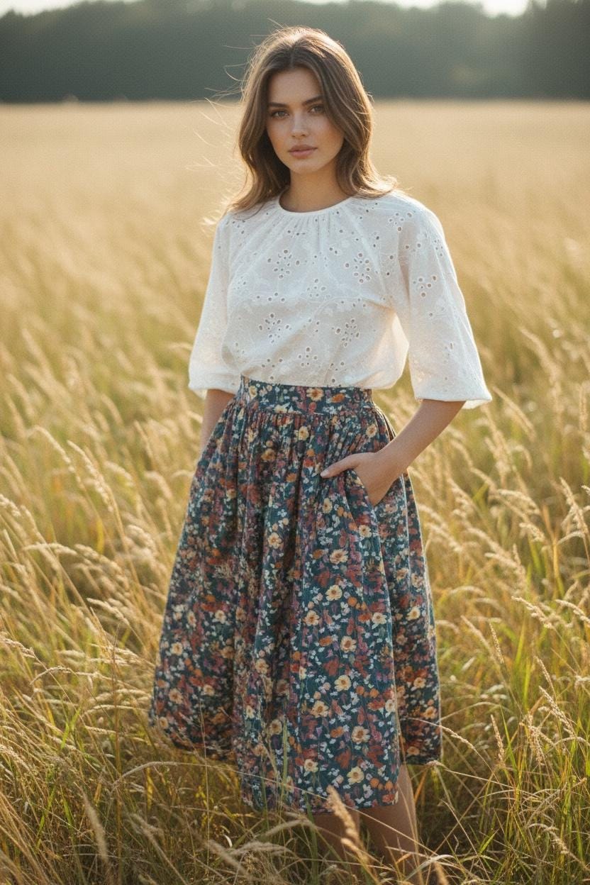 Liberty London Floral Midi Skirt, Elastic Waist Cotton A-Line