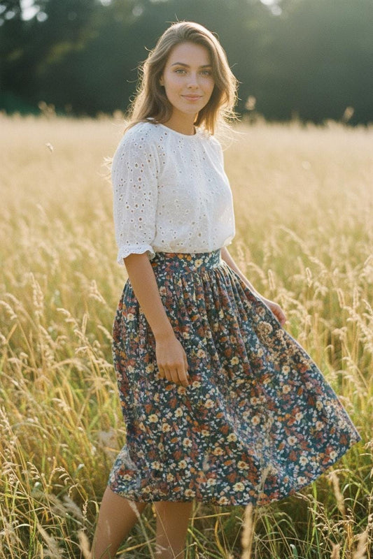 Liberty London Floral Midi Skirt, Elastic Waist Cotton A-Line