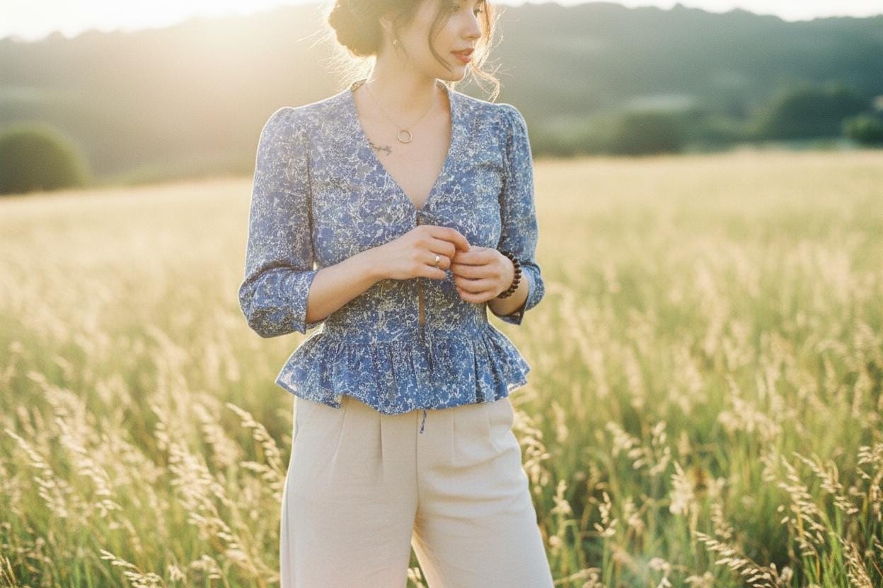 V-Neck Liberty Ditsy Print Peplum Top: Botanical 3/4 Sleeves, Magaret Annie Blue Floral Blouse