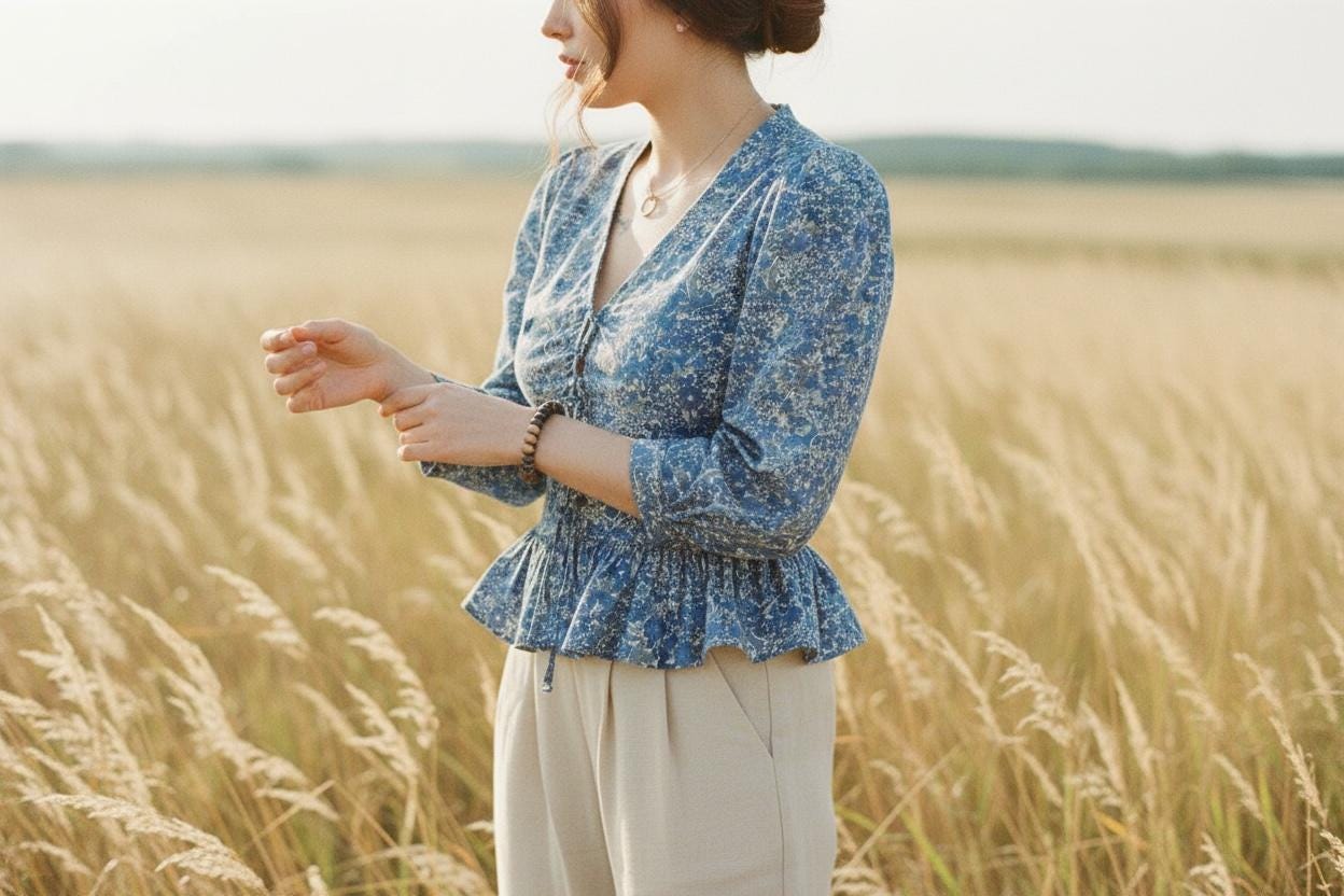 V-Neck Liberty Ditsy Print Peplum Top: Botanical 3/4 Sleeves, Magaret Annie Blue Floral Blouse
