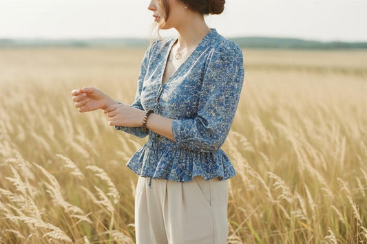 V-Neck Liberty Ditsy Print Peplum Top: Botanical 3/4 Sleeves, Magaret Annie Blue Floral Blouse