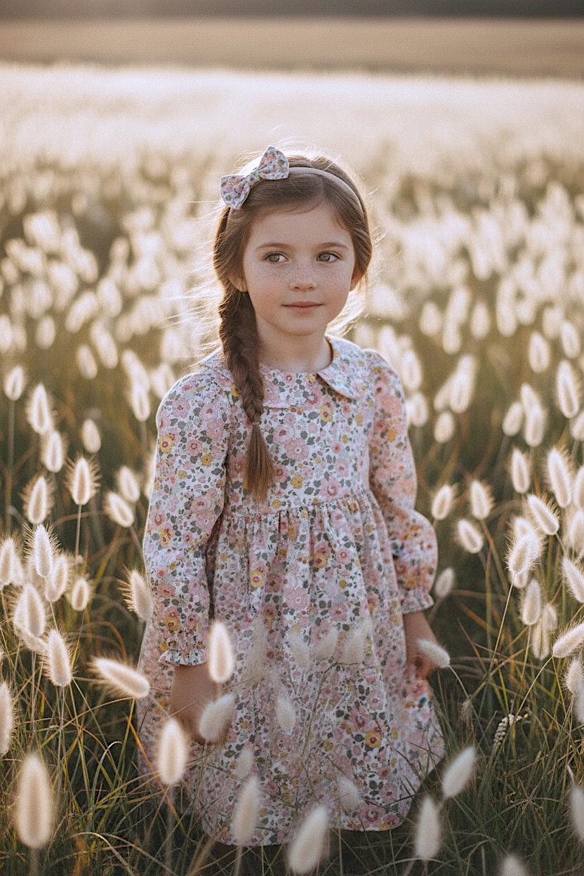 Liberty Betsy Long Sleeves Girl Dress: Peter Pan Collar, Ditsy Floral Cotton Tana Lawn
