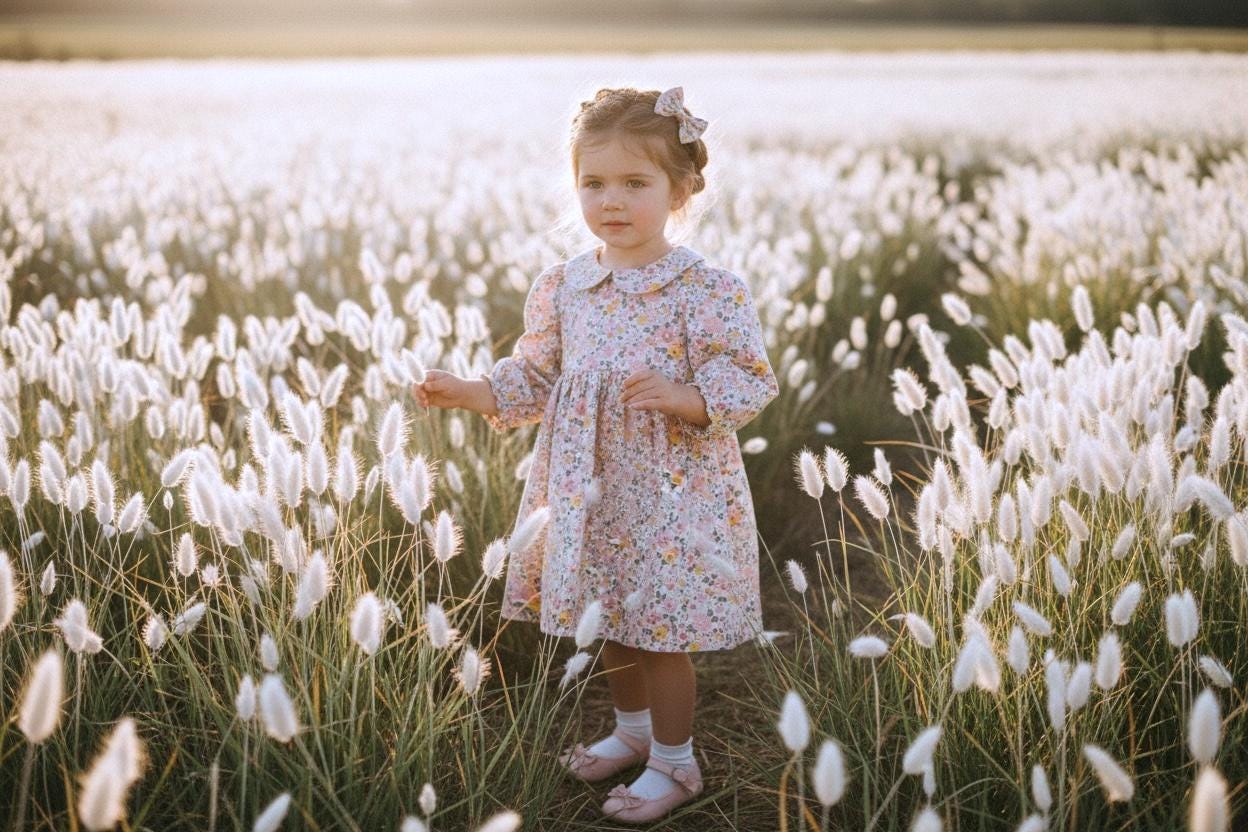 Liberty Betsy Long Sleeves Girl Dress: Peter Pan Collar, Ditsy Floral Cotton Tana Lawn