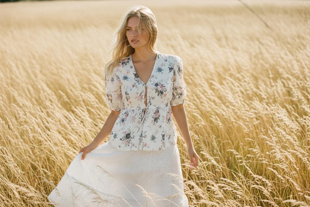 Peplum V Neck Liberty Print Top: Puffy Half Sleeves Blouse, Ditsy Botanical Floral Cotton