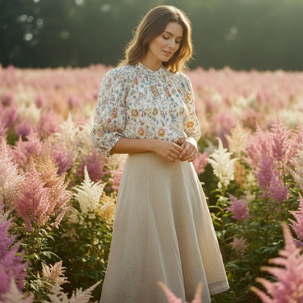 Flowy Gather Liberty London Ditsy Floral Blouse: 3/4 Sleeves Top, Mandarin Collar, Button Through