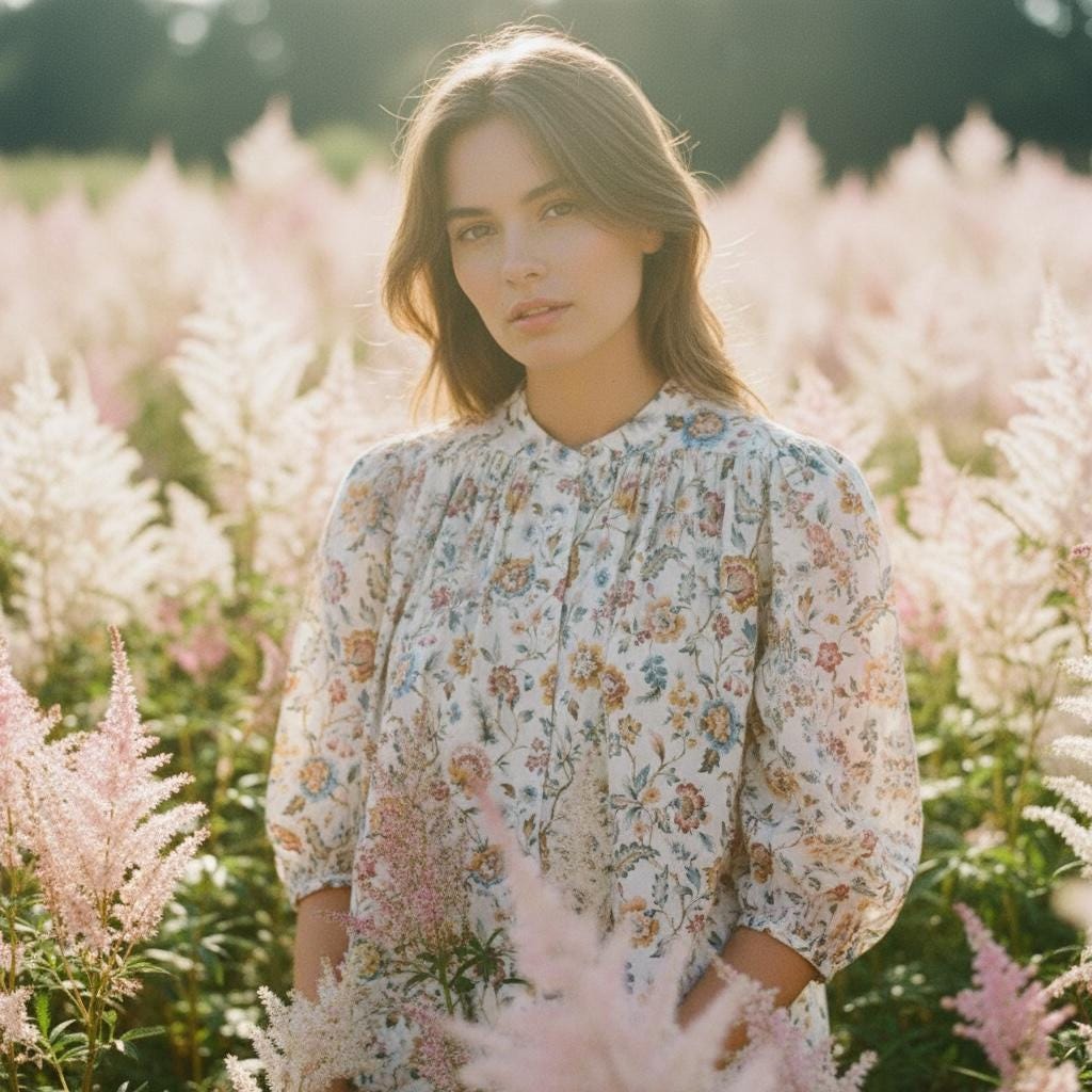 Flowy Gather Liberty London Ditsy Floral Blouse: 3/4 Sleeves Top, Mandarin Collar, Button Through