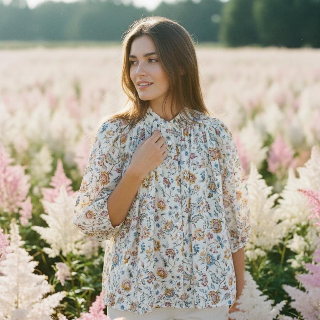 Flowy Gather Liberty London Ditsy Floral Blouse: 3/4 Sleeves Top, Mandarin Collar, Button Through
