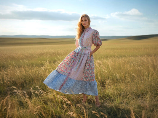 Maxi Liberty London Patches Tiered Shirt Dress: Button Through, Puffy Half Sleeves