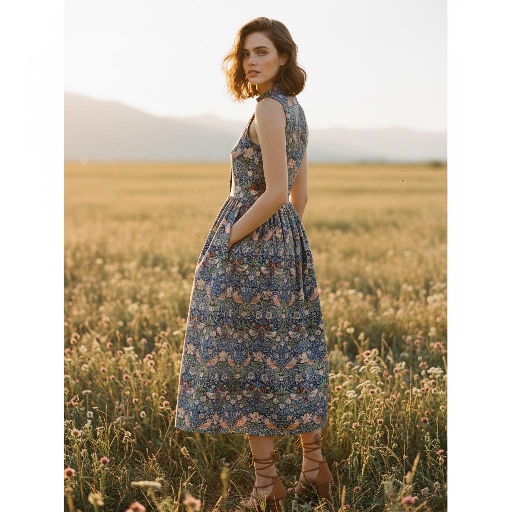 William Morris Print Cotton Dress, Ruffle Collar Sleeveless Midi Dress, Size US 4