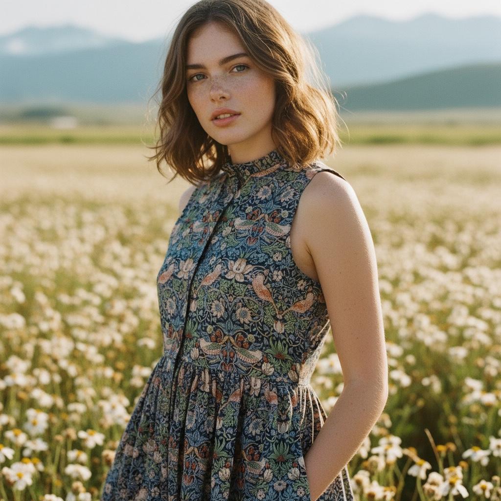 William Morris Print Cotton Dress, Ruffle Collar Sleeveless Midi Dress, Size US 4