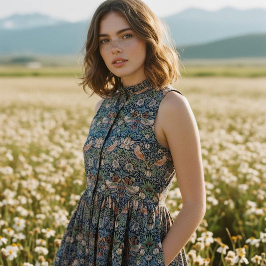 William Morris Print Cotton Dress, Ruffle Collar Sleeveless Midi Dress, Size US 4