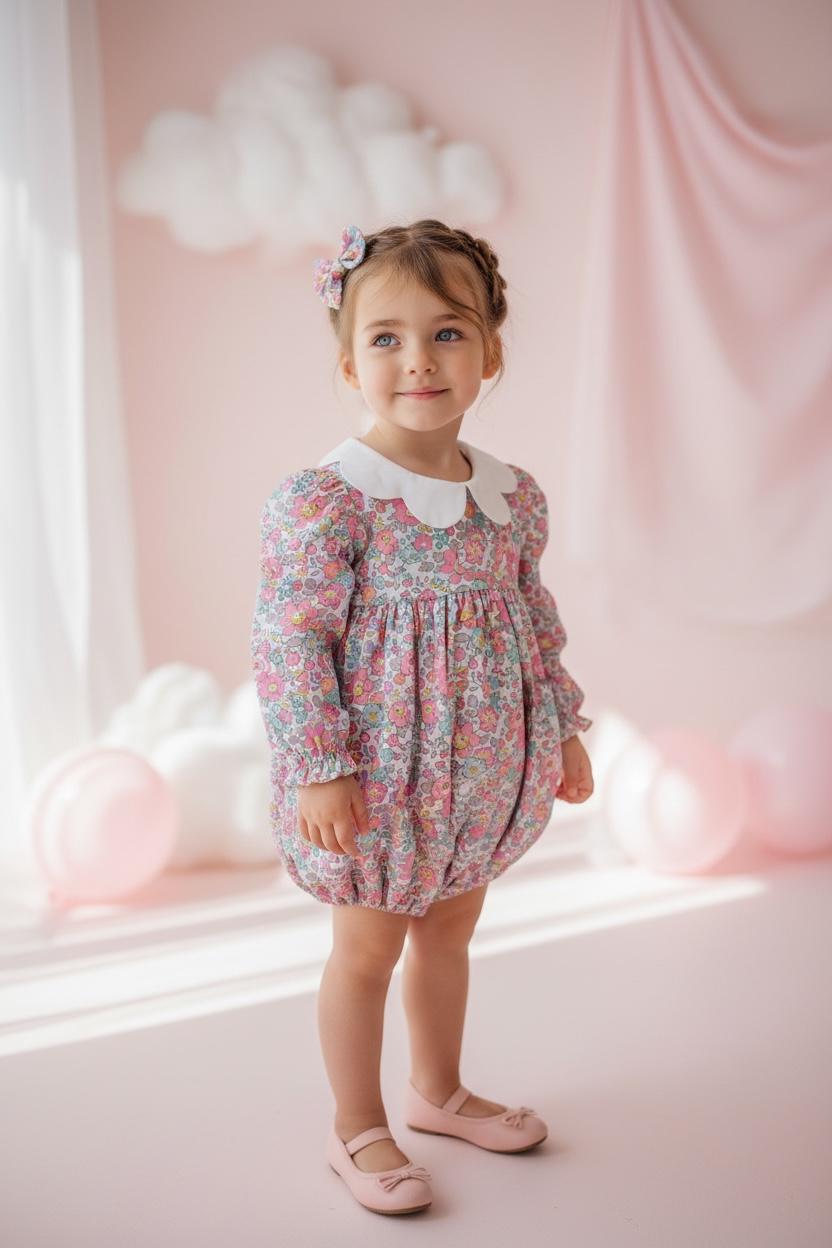 Liberty London Long Sleeve Baby Bubble: Floral Print Cotton Playsuit, Baby Girl Onesie