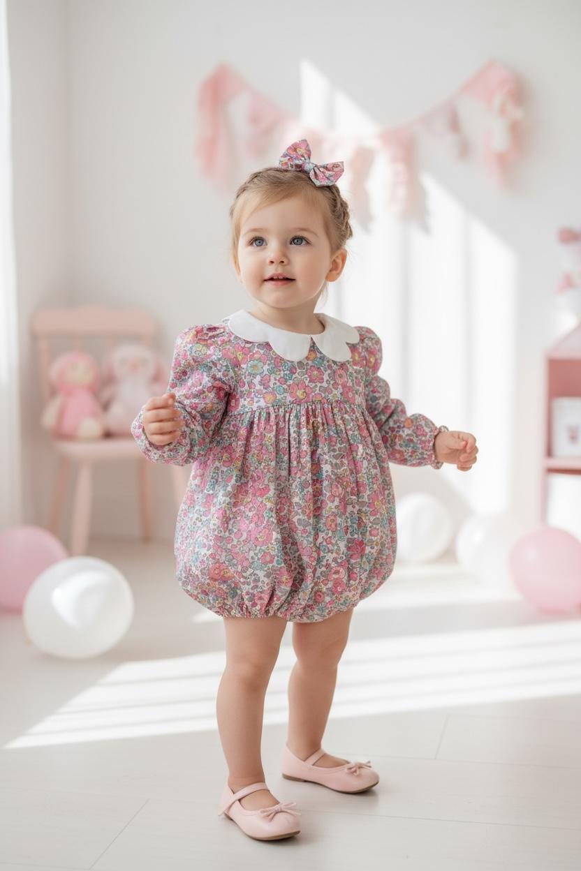 Long Sleeve Liberty London Baby Bubble: Ditsy Floral Print Cotton Romper, Scallop Collar