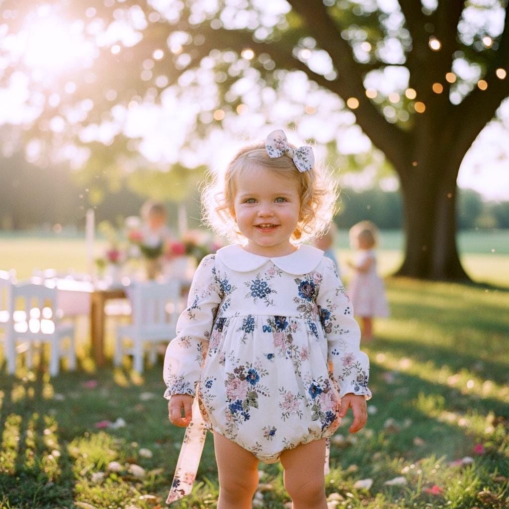 Peter Pan Collar Liberty Bubble Romper: Ditsy Floral Print Cotton, Short Sleeve