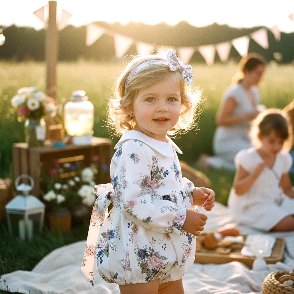 Peter Pan Collar Liberty Bubble Romper: Ditsy Floral Print Cotton, Short Sleeve