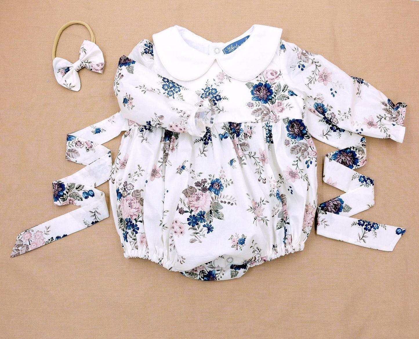 Peter Pan Collar Liberty Bubble Romper: Ditsy Floral Print Cotton, Short Sleeve
