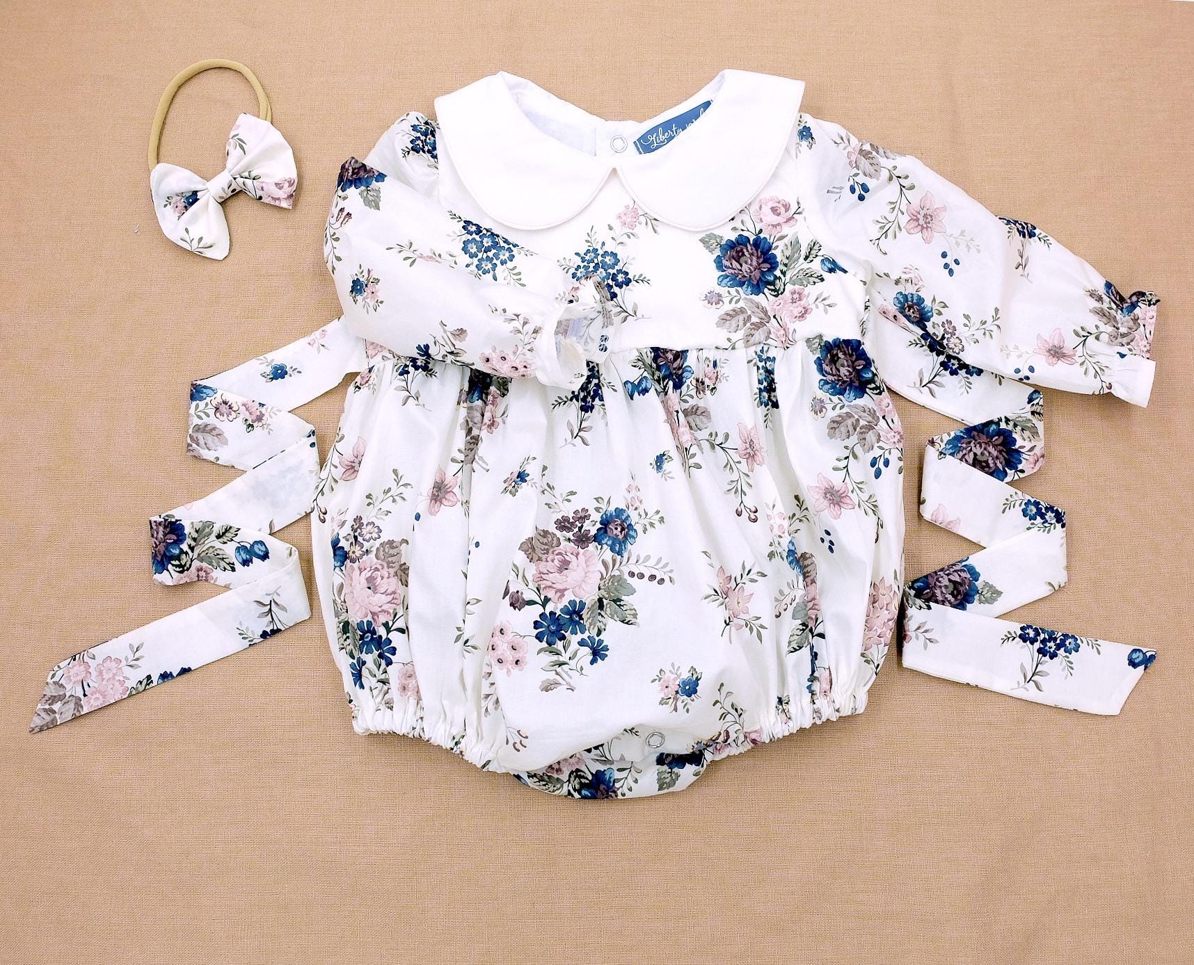 Peter Pan Collar Liberty Bubble Romper: Ditsy Floral Print Cotton, Short Sleeve