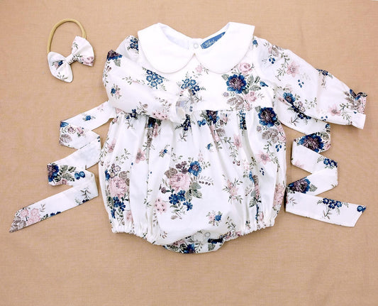Peter Pan Collar Liberty Bubble Romper: Ditsy Floral Print Cotton, Short Sleeve