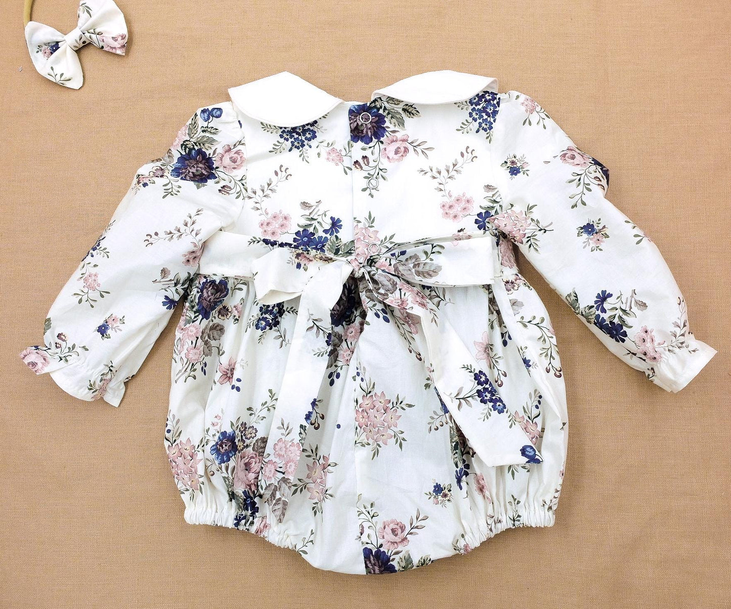 Peter Pan Collar Liberty Bubble Romper: Ditsy Floral Print Cotton, Short Sleeve