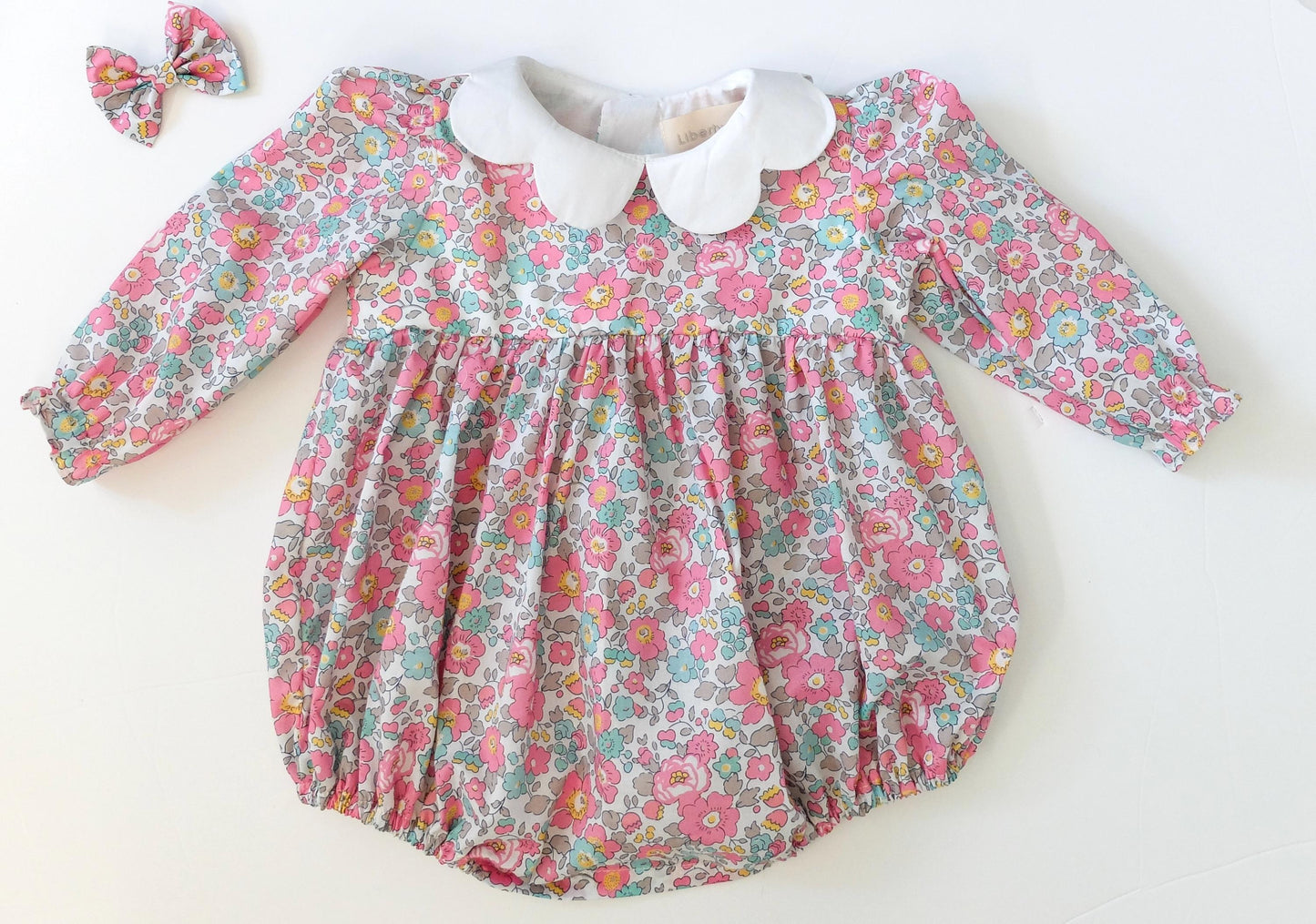Long Sleeve Liberty London Baby Bubble Romper: Scallop Collar Onesie, Floral Print