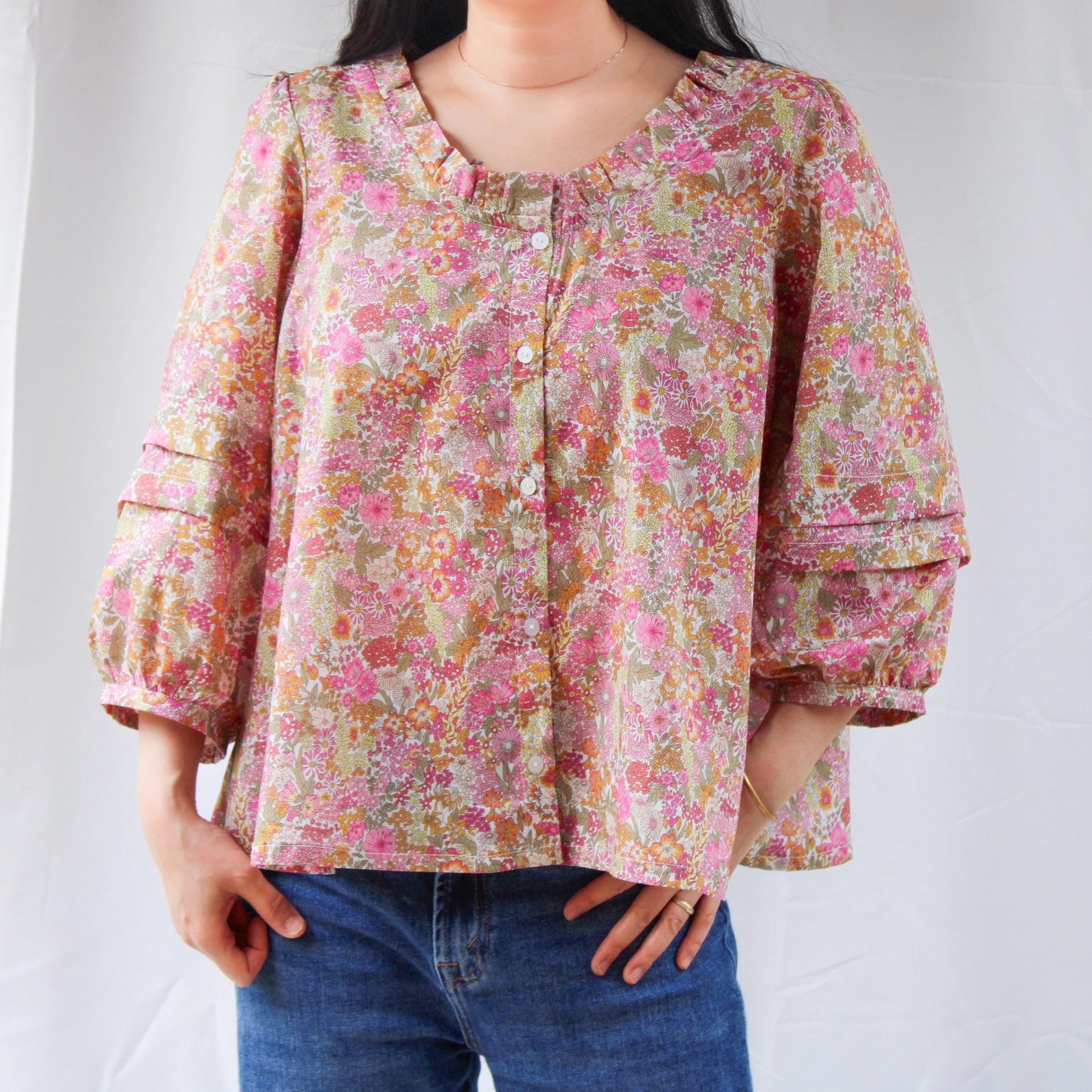 Ruffle Collar Liberty Floral Print Top: 3/4 Sleeves blouse, Button Through Scoop Neck