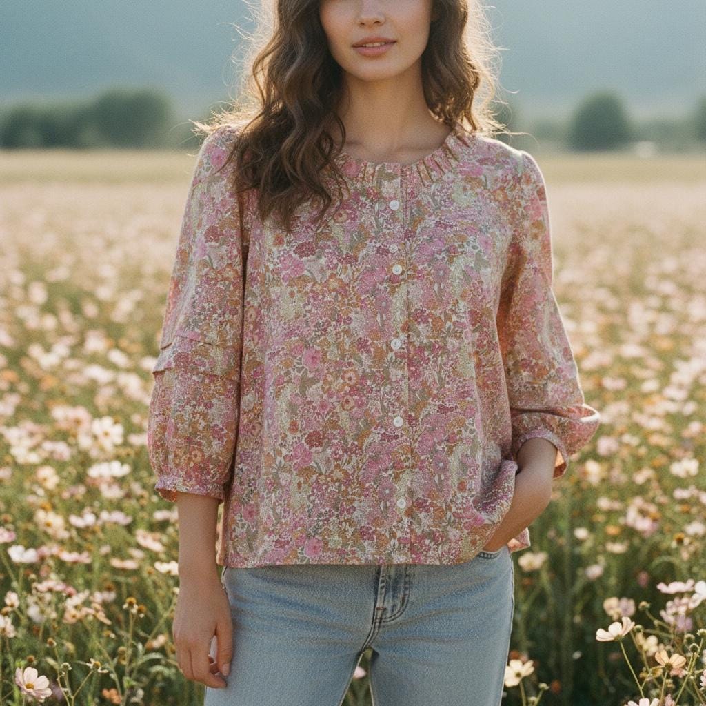 Ruffle Collar Liberty Floral Print Top: 3/4 Sleeves blouse, Button Through Scoop Neck