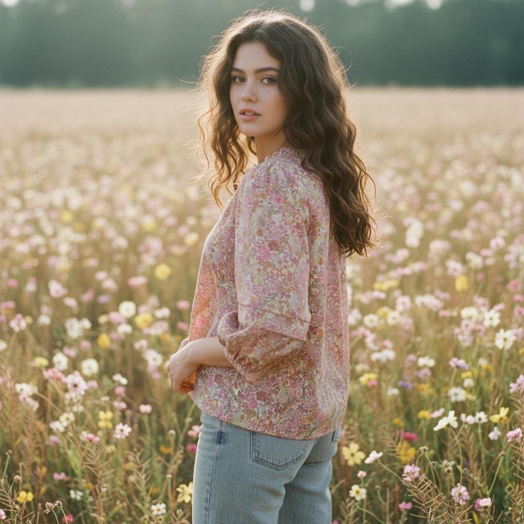 Ruffle Collar Liberty Floral Print Top: 3/4 Sleeves blouse, Button Through Scoop Neck
