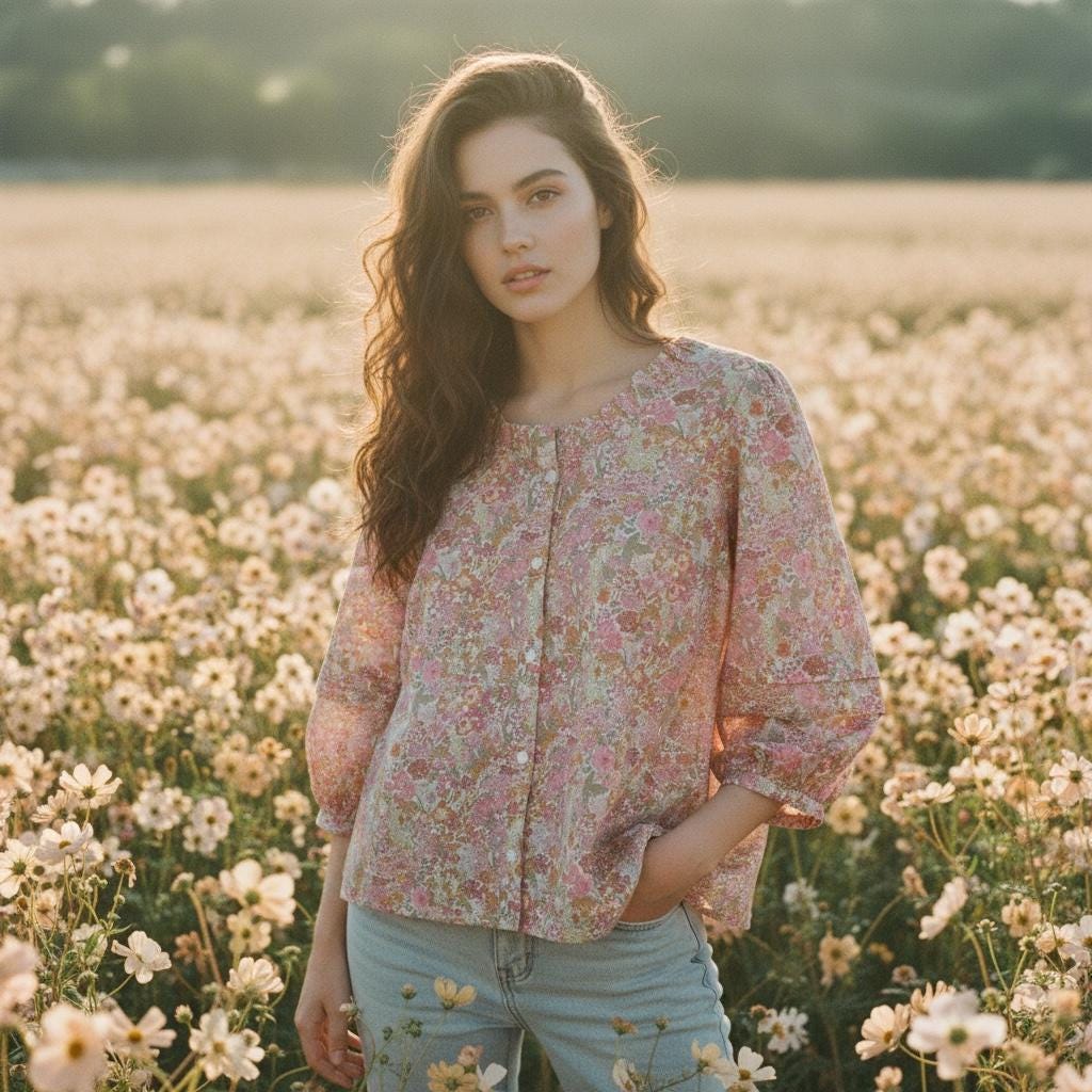 Ruffle Collar Liberty Floral Print Top: 3/4 Sleeves blouse, Button Through Scoop Neck