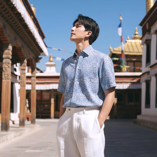 Short Sleeves Liberty Men Shirt: Button Up Floral Print, Casual Fit Cotton Shirt