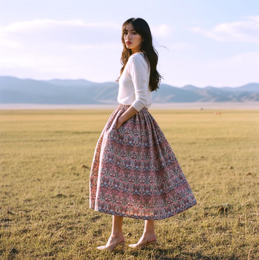 Liberty London Woman Midi Skirt: Elastic Waist Flare Skirt, Ditsy Botanical Floral Print