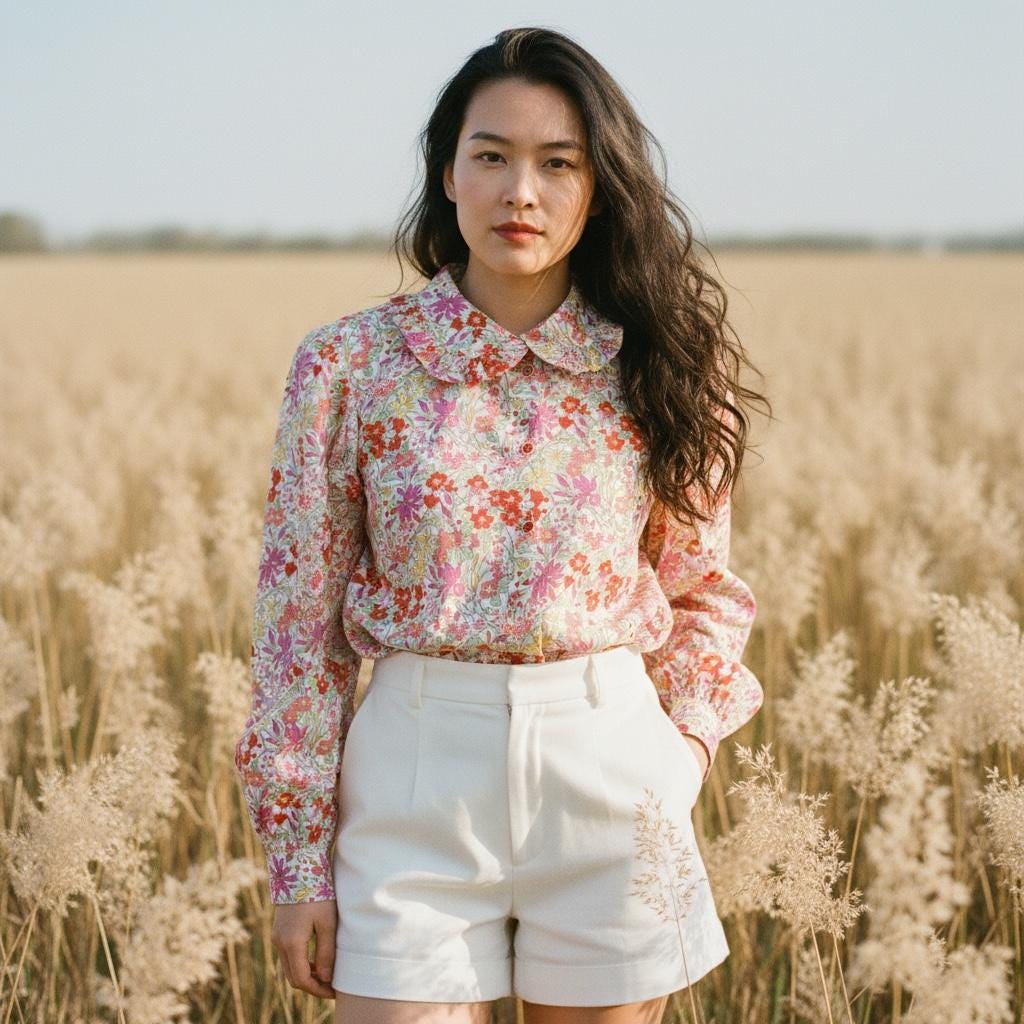 Long Sleeves Liberty London Shirt: Peter Pan Ruffle Collar, Ditsy Floral Woman Blouse