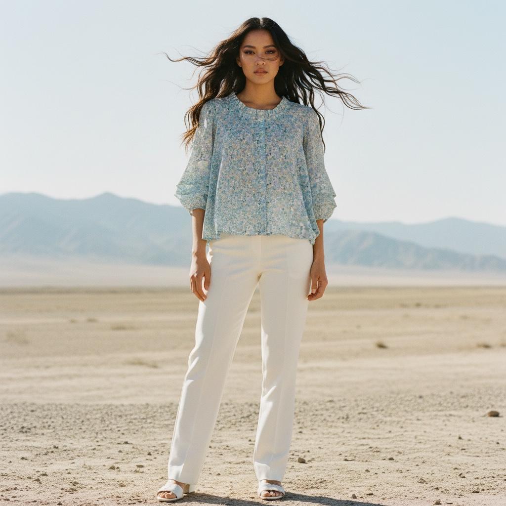 Ruffle Collar Liberty Floral Print Top: 3/4 Sleeves blouse, Button Through Scoop Neck