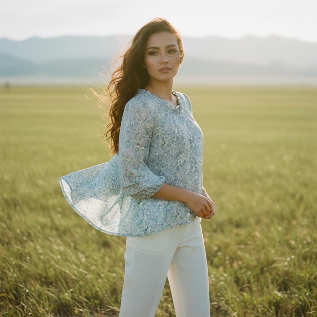 Ruffle Collar Liberty Floral Print Top: 3/4 Sleeves blouse, Button Through Scoop Neck