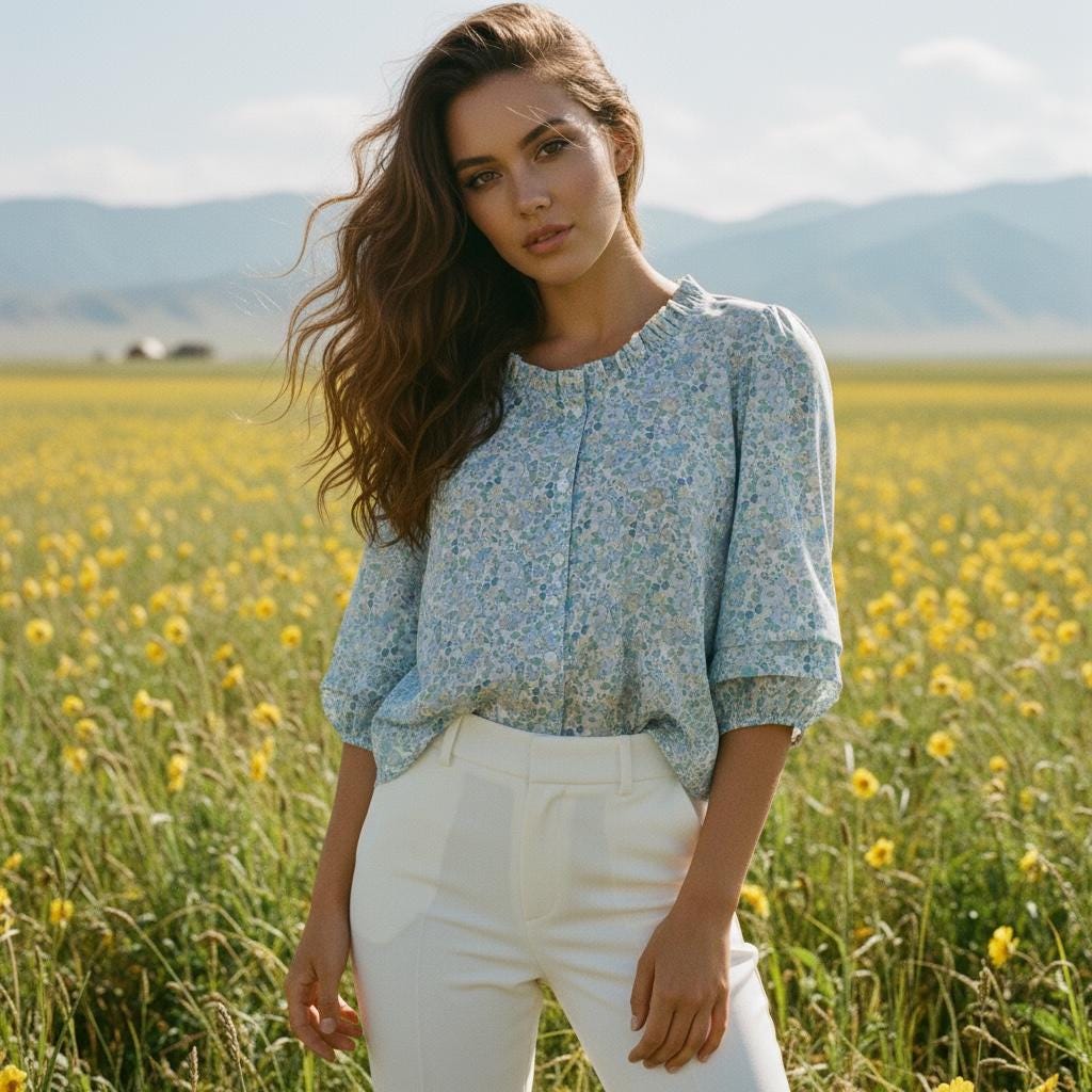 Ruffle Collar Liberty Floral Print Top: 3/4 Sleeves blouse, Button Through Scoop Neck