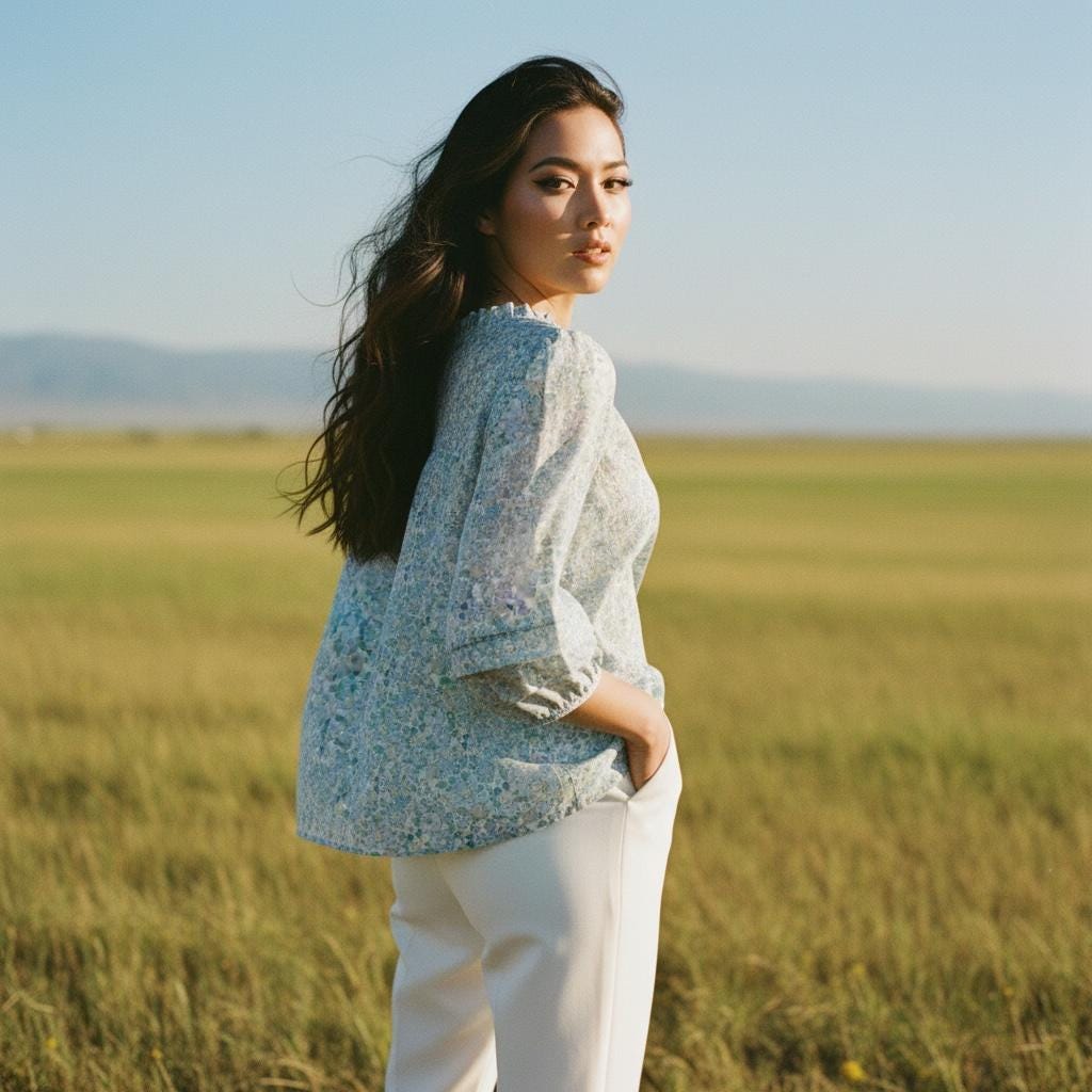 Ruffle Collar Liberty Floral Print Top: 3/4 Sleeves blouse, Button Through Scoop Neck