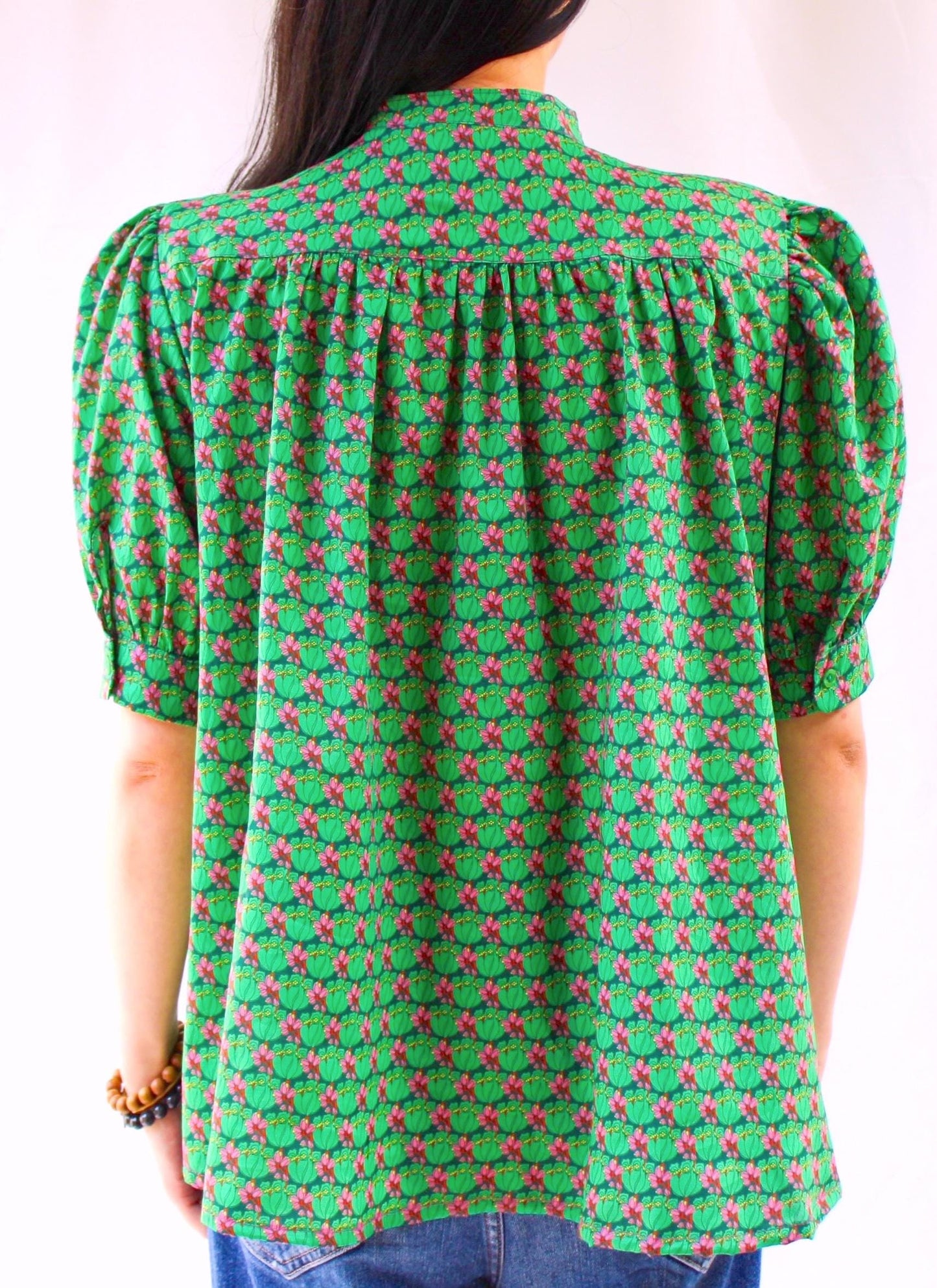 Liberty Mandarin Collar Gather Blouse: Ditsy Floral Print, Botanical Short Sleeve Shirt