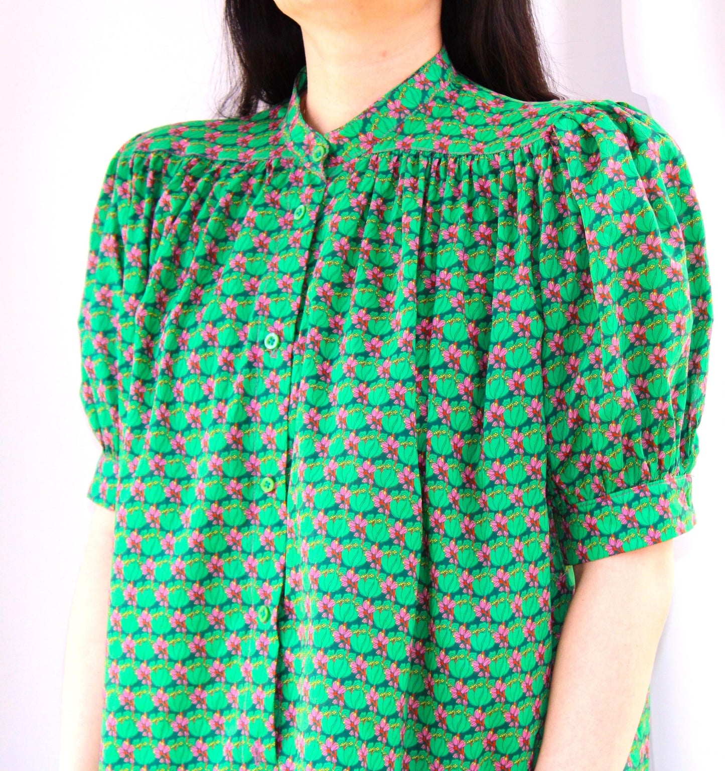 Liberty Mandarin Collar Gather Blouse: Ditsy Floral Print, Botanical Short Sleeve Shirt