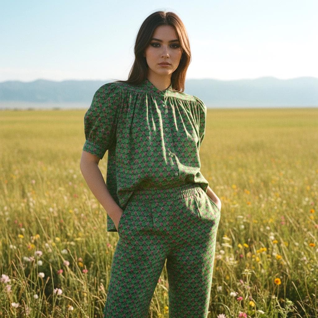 Liberty Mandarin Collar Gather Blouse: Ditsy Floral Print, Botanical Short Sleeve Shirt